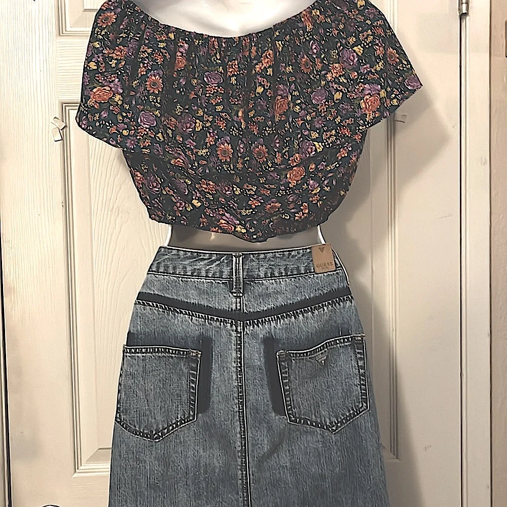 Guess Women’s Distressed Vintage Blue Denim Boho Jean Midi Maxi Skirt  Sz 26